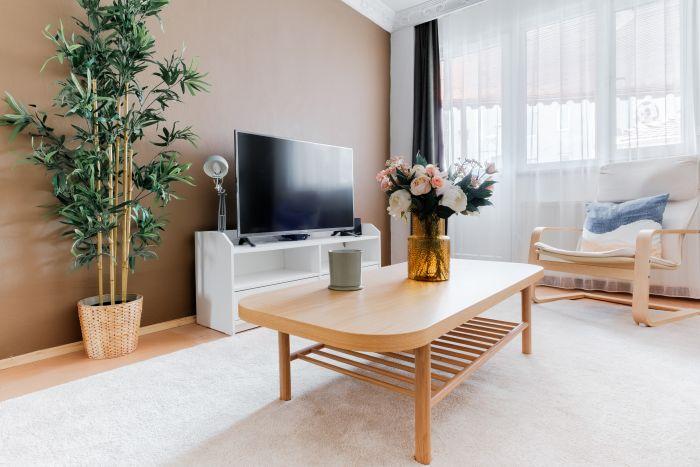 You'll be greeted by a cozy living room adorned with modern touches and a comfortable sofa, perfect for unwinding while enjoying your favorite TV shows.
