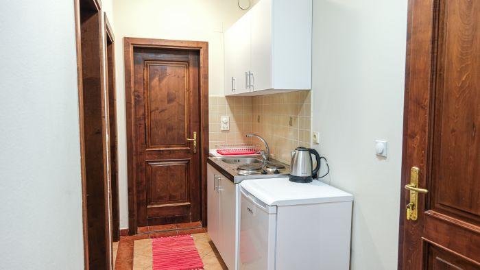 Our compact kitchen has a mini fridge, stove, kettle and lavatory.