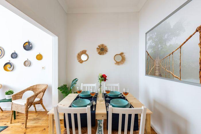 This colorful dining table can host four people.