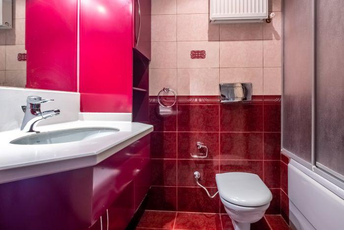 Also there is a larger bathroom which is designed with red.
