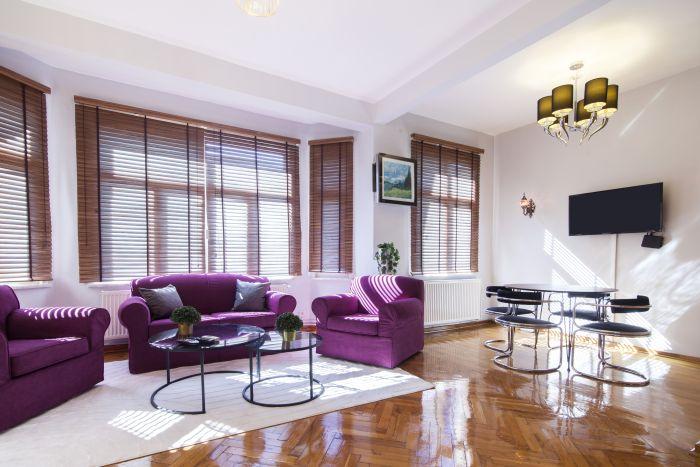 Here is our spacious and sunny living room with its eye-catching purple sofas.