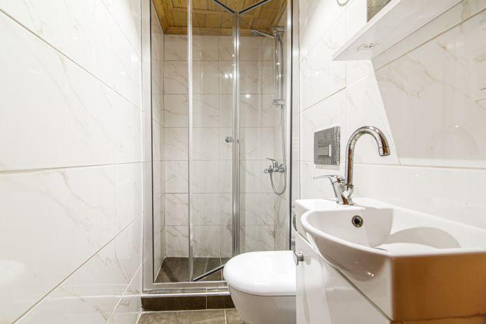 The second bathroom includes a compact shower cabin. 