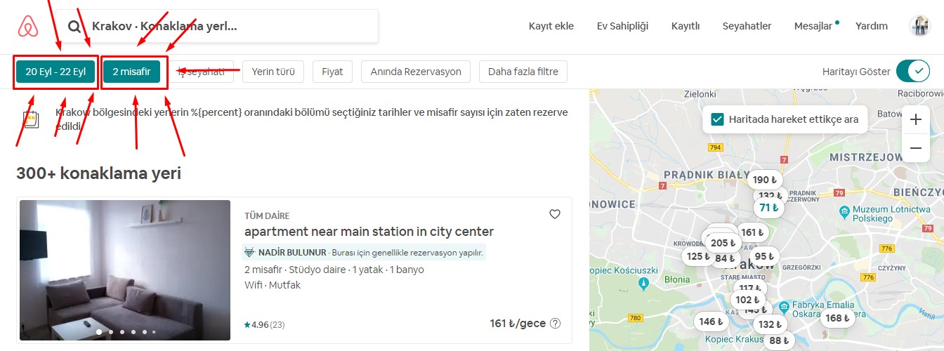 Airbnb harita arama