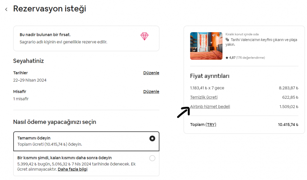 airbnb hizmet bedeli
