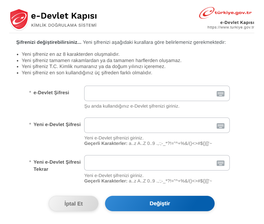 e-devlet şifremi değiştirmek istiyorum